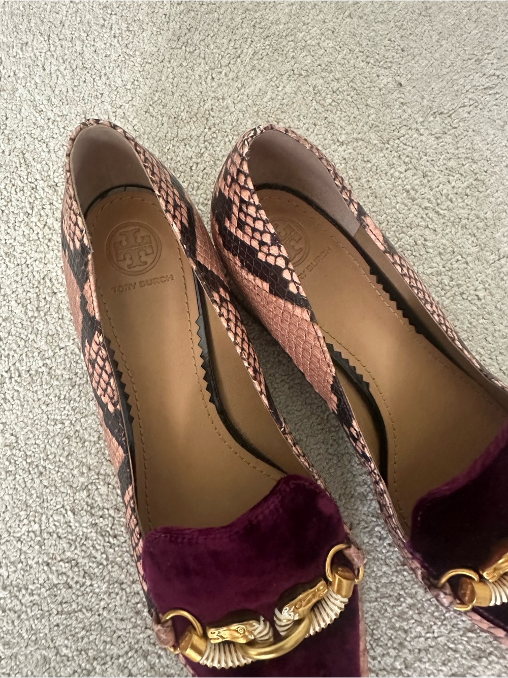 Tory Burch Women's Velvet and Snake-Print Loafers in Burgundy and Pink - Picture 11 of 12